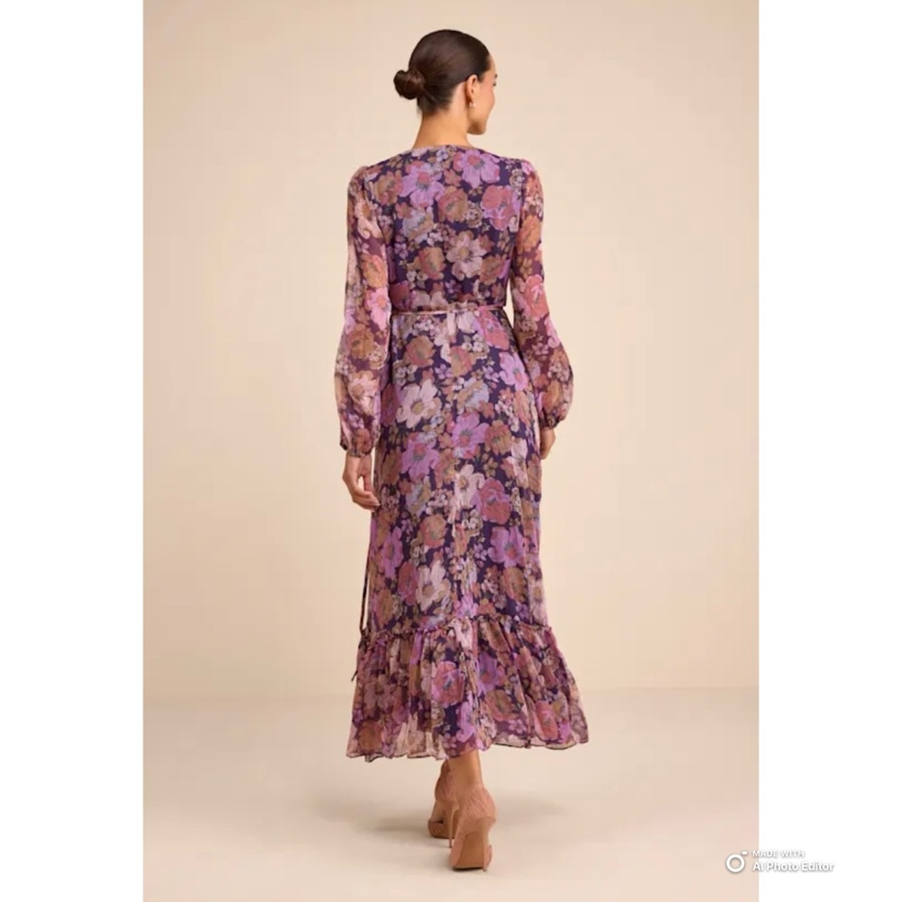 Lulus XL Feeling Sweet Purple Floral Print Long Sleeve Wrap Maxi Dress NWT - Picture 6 of 16
